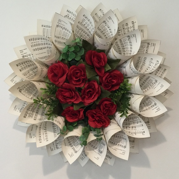 Lou Lou’s Designs Other - Red Roses Dahlia Wreath made from Hymnal Paper